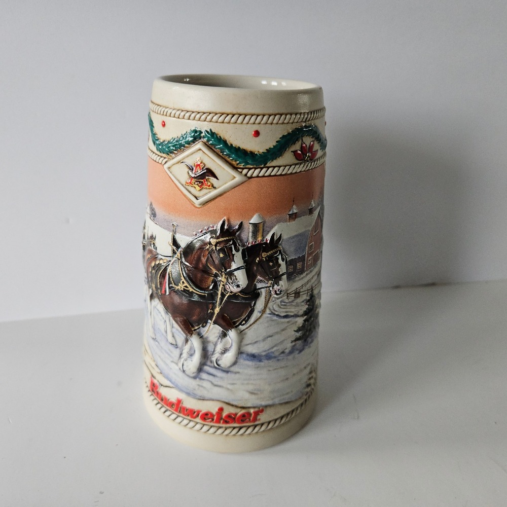 Vintage Budweiser Clydesdale‎ Christmas Ceramic Stein - 1996 American Homestead